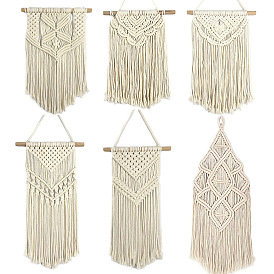 Cotton Cord Macrame Woven Tassel Wall Hanging, Boho Style Hanging Ornament with Wood Sticks, for Home Decoration