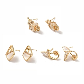 Boucles d'oreilles en laiton doré avec micro pavé de zircone cubique, avec coquille, montures de boucles d'oreilles pour perles semi-percées