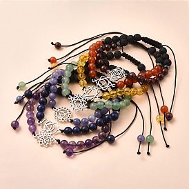 Chakra Jewelry, Adjustable Nylon Thread Braided Bead Bracelets, with Gemstone Beads, Synthetic Lava Rock Beads, Non-Magnetic Synthetic Hematite Beads and Alloy Links