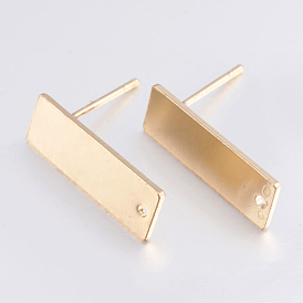 Brass Stud Earring Findings, with Flat Plate, Long-Lasting Plated, Rectangle