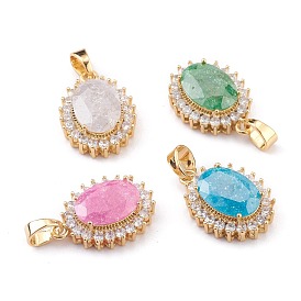 Golden Plated Brass Micro Pave Clear Cubic Zirconia Pendants, with Glass, Long-Lasting Plated, Oval
