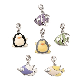 Rhodium Plated 925 Sterling Silver Enamel European Dangle Charms, Large Hole Penguin/Fish Charms, Platinum