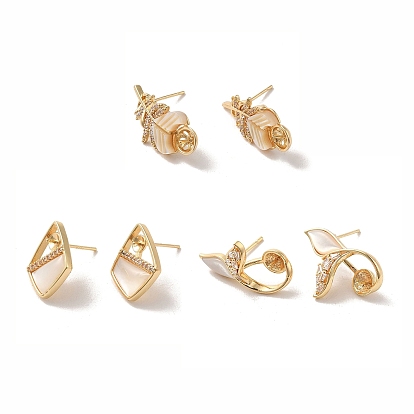 Golden Brass Micro Pave Cubic Zirconia Stud Earring Findings, with Shell, Earring Settings for Half Drilled Beads