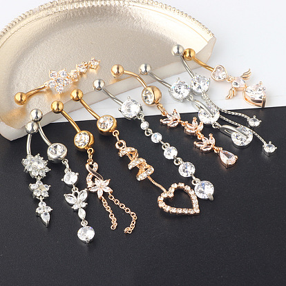 10 шт. 10 стили 304 подвесные кольца для живота из нержавеющей стали с прозрачным кубическим цирконием, разнообразные