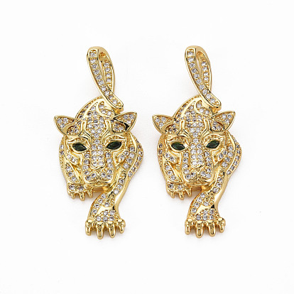 Brass Micro Pave Clear Cubic Zirconia Pendants, Nickel Free, Leopard
