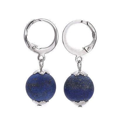 Natural Gemstone Leverback Earrings, with 304 Stainless Steel Leverback Earring Findings, Round