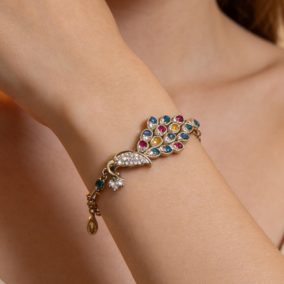 Элегантные браслеты из сплава с разноцветными стразами, браслеты из цепочек панцирного плетения для женщин, павлин