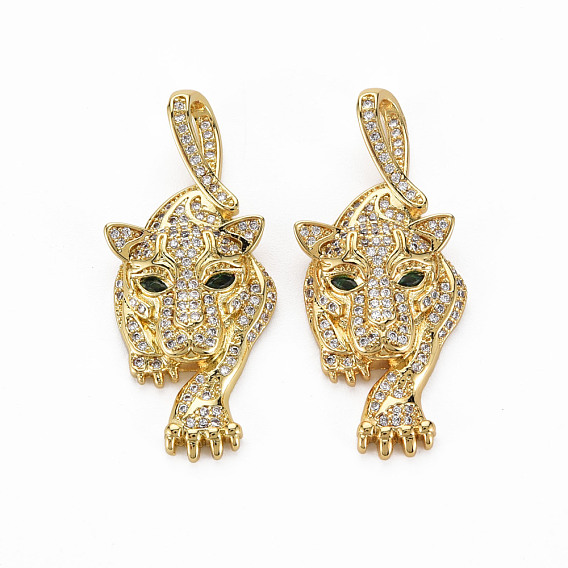 Brass Micro Pave Clear Cubic Zirconia Pendants, Nickel Free, Leopard