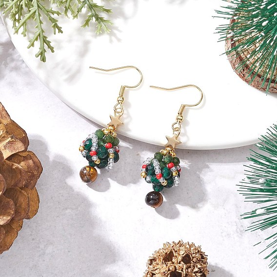304 серьги-подвески в виде елки из стеклянных бусин из нержавеющей стали, с натуральными круглыми бусинами из тигрового глаза, латунными бусинами, натуральными бусинами из фуксита и бусинами из натурального зеленого ониксового агата, золотые