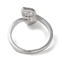 Natural Labradorite Round & Rhinestone Leaf Open Cuff Ring, Rack Plating Brass Ring for Women
