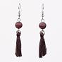 Natural Gemstone Dangle Earrings, with Cotton Thread Tassels and Metal Findings, Platinum