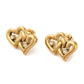 Double Heart 304 Stainless Steel Rhinestone Stud Earrings for Women