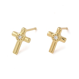 Rack Plating Brass Cross Stud Earrings, with Cubic Zirconia, Lead Free & Cadmium Free