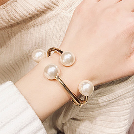 Alloy Wire Wrap with Plastic Pearl Cuff Bangle, Wide Hinged Open  Bangle for Women