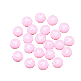 Opaque Acrylic Beads, Flat Round with White Heart