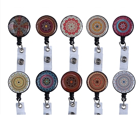 Plastic Retractable Badge Reels, Card Holders, with Platinum Clips, ID Badge Holder for Nurses, Flat Round with Mandala Pattern