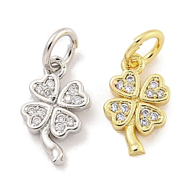 Rack Plating Brass Micro Pave Clear Cubic Zirconia Charms, with Jump Rings, Long-Lasting Plated, Lead Free & Cadmium Free, Clover