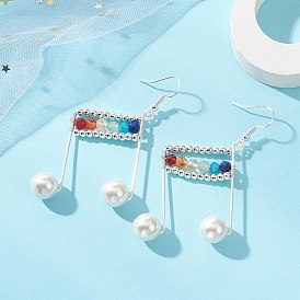 Латунь болтаться серьги, с бусинами из драгоценных камней и жемчуга из ракушек, музыкальная нота