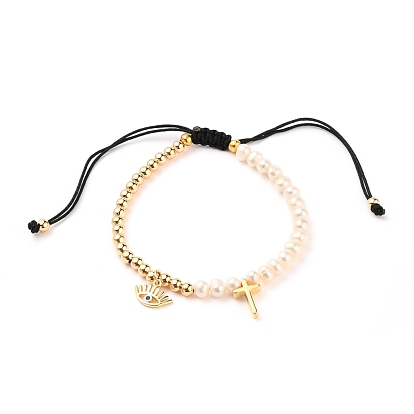 Adjustable Nylon Thread Braided Bead Bracelets, with Natural Pearl Beads, Brass Beads, Brass Enamel Charms, Evil Eye & Cross, Black