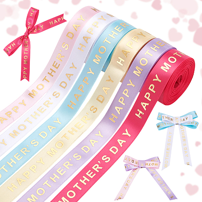 6 Rolls 6 Colors Gold Stamping Happy Mother's Day Polyester Printed Ribbons, for Party Gifts Wrapping