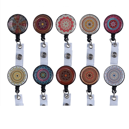 Plastic Retractable Badge Reels, Card Holders, with Platinum Clips, ID Badge Holder for Nurses, Flat Round with Mandala Pattern