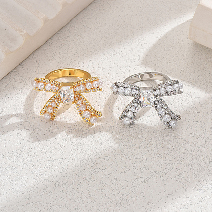 Элегантное латунное кольцо-бантик с прозрачным кубическим цирконием, с пластиковыми искусственными жемчужинами для женщин
