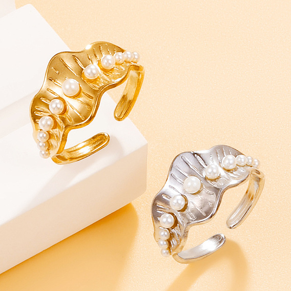 304 Открытые кольца-манжеты из нержавеющей стали с имитацией жемчуга для женщин, кольца с волнистым краем