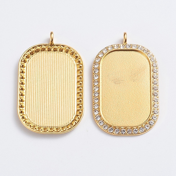 Alloy Big Pendant Cabochon Settings, Plain Edge Bezel Cups, with Rhinestone, Rectangle, Crystal, Golden, Tray: 23x38mm, 51.5x31x3.5mm, Hole: 4mm