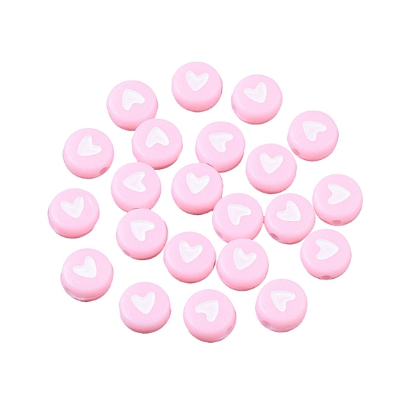 Opaque Acrylic Beads, Flat Round with White Heart