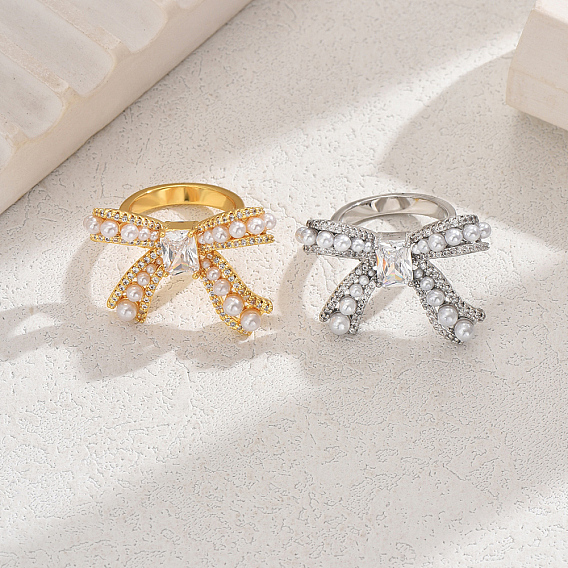 Элегантное латунное кольцо-бантик с прозрачным кубическим цирконием, с пластиковыми искусственными жемчужинами для женщин
