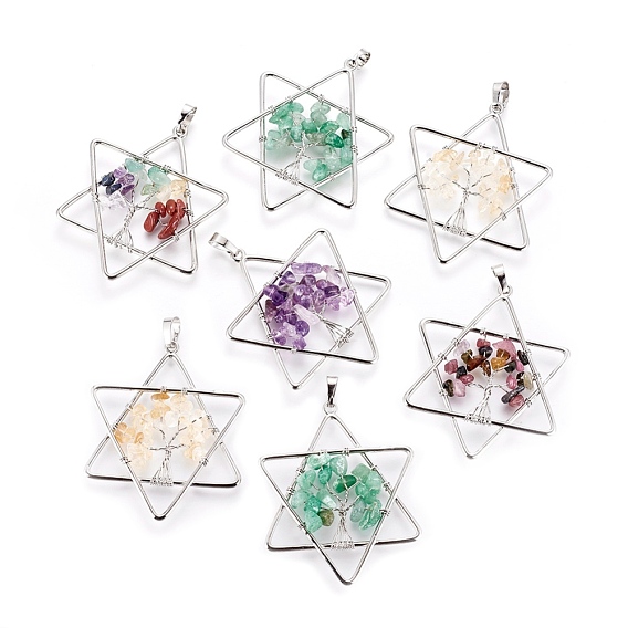Natural Gemstone Big Pendants, with Brass Findings, Star