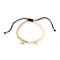 Adjustable Nylon Thread Braided Bead Bracelets, with Natural Pearl Beads, Brass Beads, Brass Enamel Charms, Evil Eye & Cross, Black