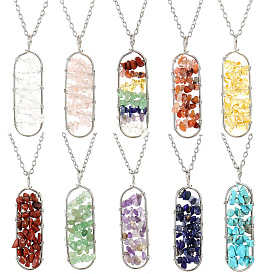 Natural & Synthetic Mixed Stone Chips Beaded Oval Pendant Necklaces, with Cable Chains