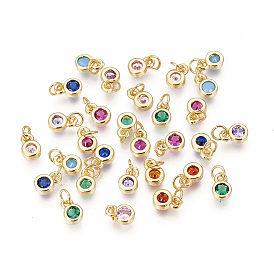 Brass with Single Cubic Zirconia Charms, Cadmium Free & Lead Free, Single Stone Charms, Flat Round, Golden