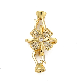 Rack Plating Flower Brass Micro Pave Clear Cubic Zirconia Fold Over Clasps, Long-Lasting Plated, Lead Free & Cadmium Free