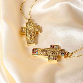 European and American Brass Pave Cubic Zirconis Virgin Mary Cross Pendant Necklaces, Golden