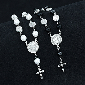 Saint Benedict & Cross Alloy Charm Bracelets, Plastic Rosary Beads Bracelet