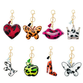 Sparkling Leopard Print Keychain with Heart and Butterfly Pendant