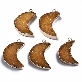 Natural Druzy Agate Pendants, Dyed, with Golden Plated Brass Edge and Loop, Moon