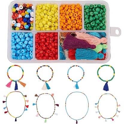 DIY Pendant Necklaces Making, Glass Seed Beads, Opaque Colours Seed, Cotton Thread Tassels Pendant Decorations, Iron Jump Rings and Crystal Thread
