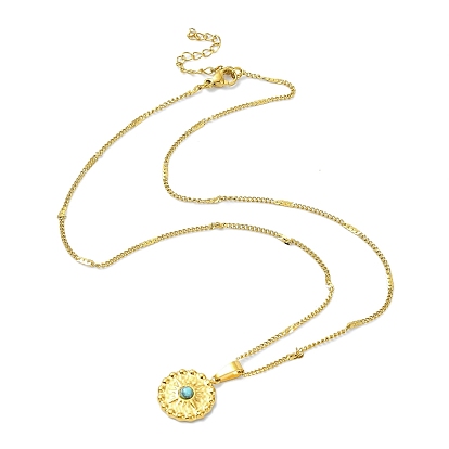 304 Stainless Steel Curb Chain Necklaces, Flat Round with Synthetic Turquoise Pendant Necklaces
