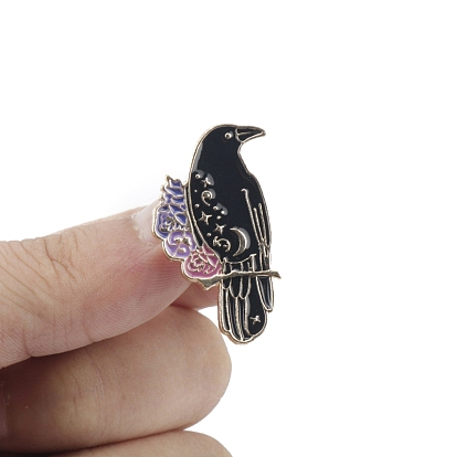 Raven Flower Enamel Pins, Golden Alloy Brooch, Gothic Style Jewelry Gift