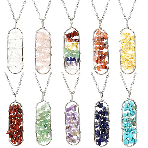 Natural & Synthetic Mixed Stone Chips Beaded Oval Pendant Necklaces, with Cable Chains