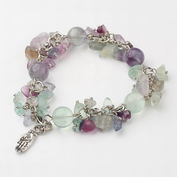 Gemstone Bracelets, with Natural Fluorite Bead, Gravel and Brass Hand