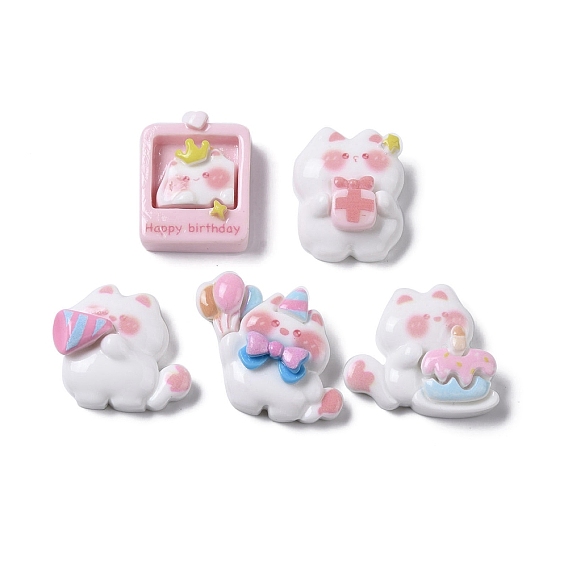 Cat Birthday Party Theme Opaque Resin Decoden Cabochons, Mixed Shapes