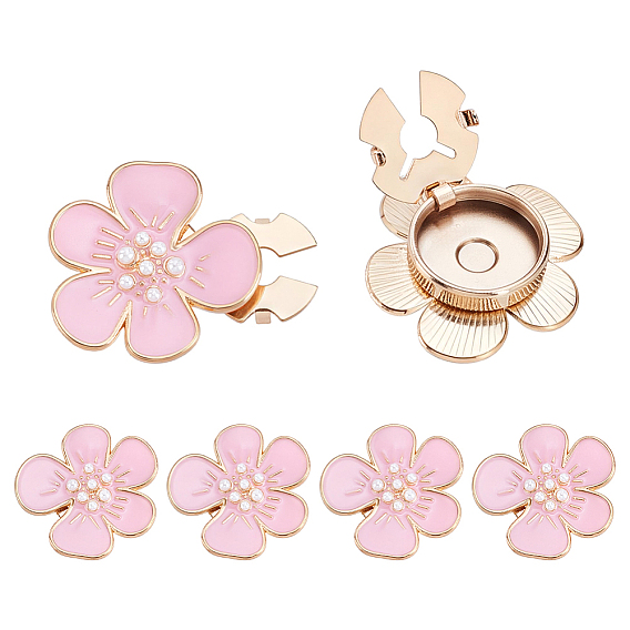 6Pcs Zinc Alloy Cufflinks, with Enamel & Plastic Pearl, Flower, Light Gold