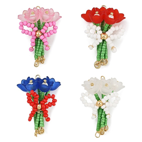 4Pcs 4 Colors Handmade Glass Beaded Flower with Bowknot Pendants, with 304 Stainless Steel Eye Pins Loop & Acrylic
