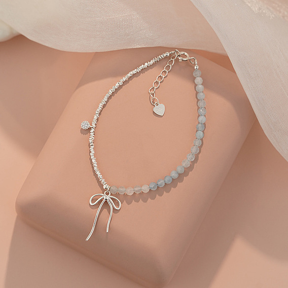 925 Браслеты с подвесками из стерлингового серебра, кубического циркония и натурального аквамарина, бантом