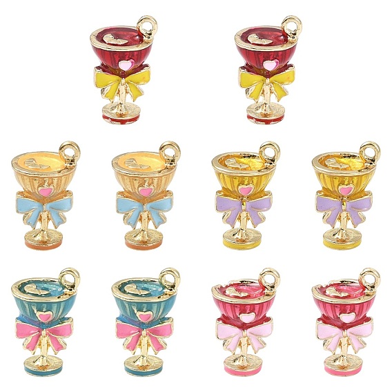 10Pcs 5 Colors Alloy Enamel Pendants, Cup with Bowknot, Golden