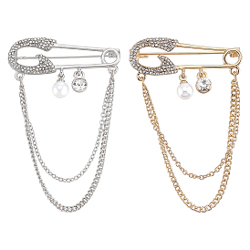 2Pcs 2 Colors Alloy Rhinestone Hanging Chain Brooches, Kilt Pins